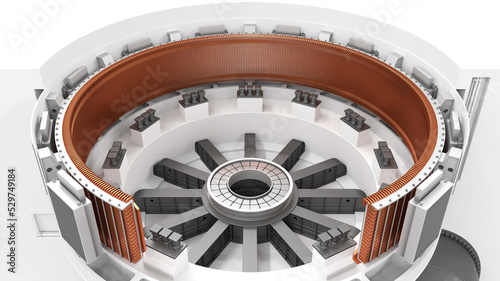 Winding the stator of a hydroelectric power plant. Copper coil of an industrial generator. 3d illustration photo
