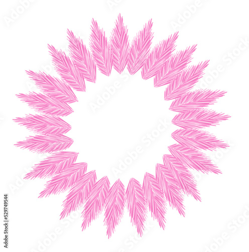 Circle frame with pink flamingo feathers isolated on white background