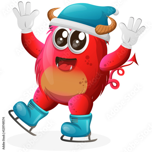 Vector_Cute red monster ice skating