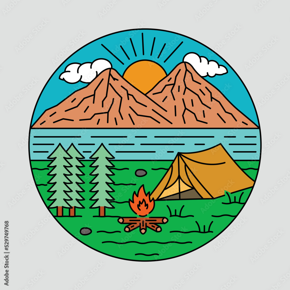 Camping with view of river and mountain graphic illustration vector art t-shirt design Camping with view of river and mountain graphic illustration vector art t-shirt design