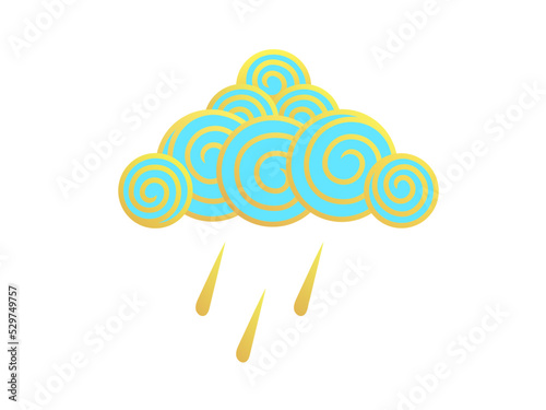 Golden raindrops fall from a golden cloud. Stylized vector cloud.