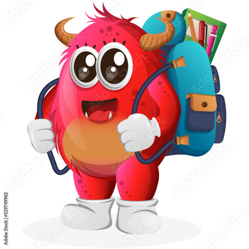 Vector_Cute red monster carrying a schoolbag, backpack, back to school