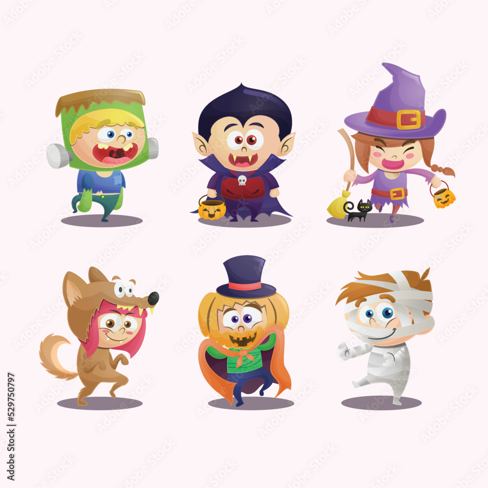Halloween kids with costumes cute cartoon illustration set