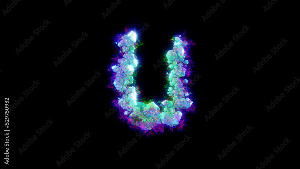 abstract distortion font - blue letter U on black backdrop, isolated - object 3D rendering