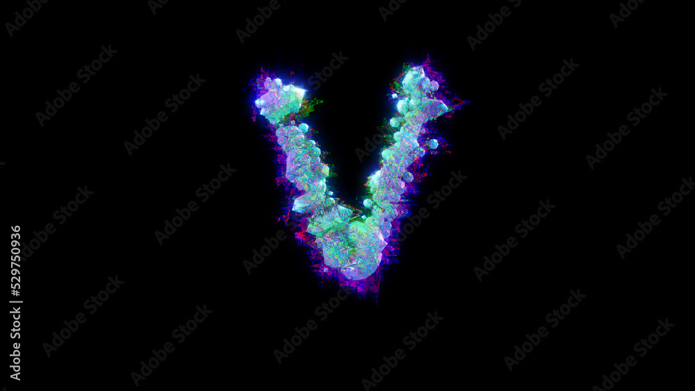 abstract glitch font - blue letter V on black backdrop, isolated - object 3D illustration