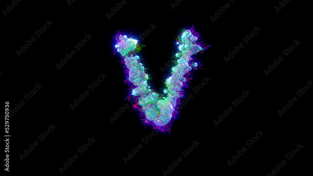 abstract glitch font - blue letter V on black backdrop, isolated - object 3D illustration abstract glitch font - blue letter V on black backdrop, isolated - object 3D illustration