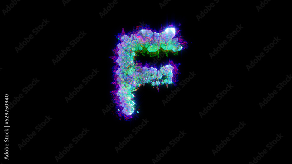 abstract glitchy font - blue letter F on black bg, isolated - object 3D rendering abstract glitchy font - blue letter F on black bg, isolated - object 3D rendering