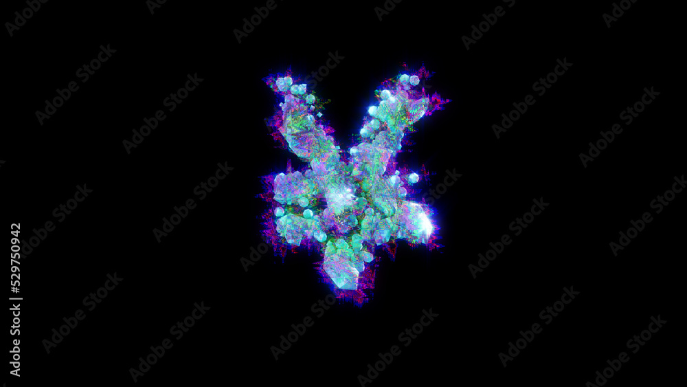 abstract dichroic alphabet - blue yen symbol on black background, isolated - object 3D rendering