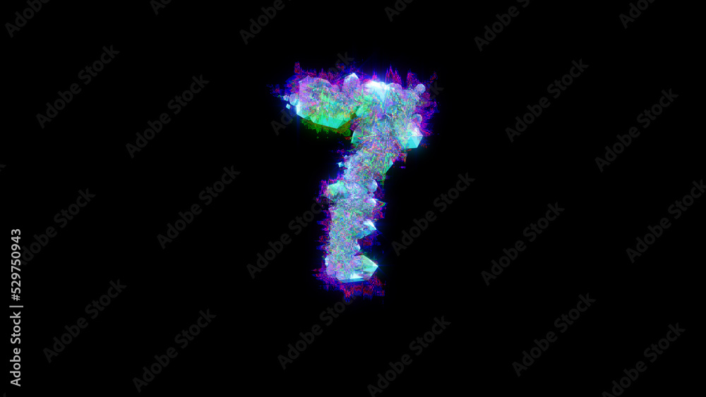 abstract glitchy font - blue number 7 on black background, isolated - object 3D rendering