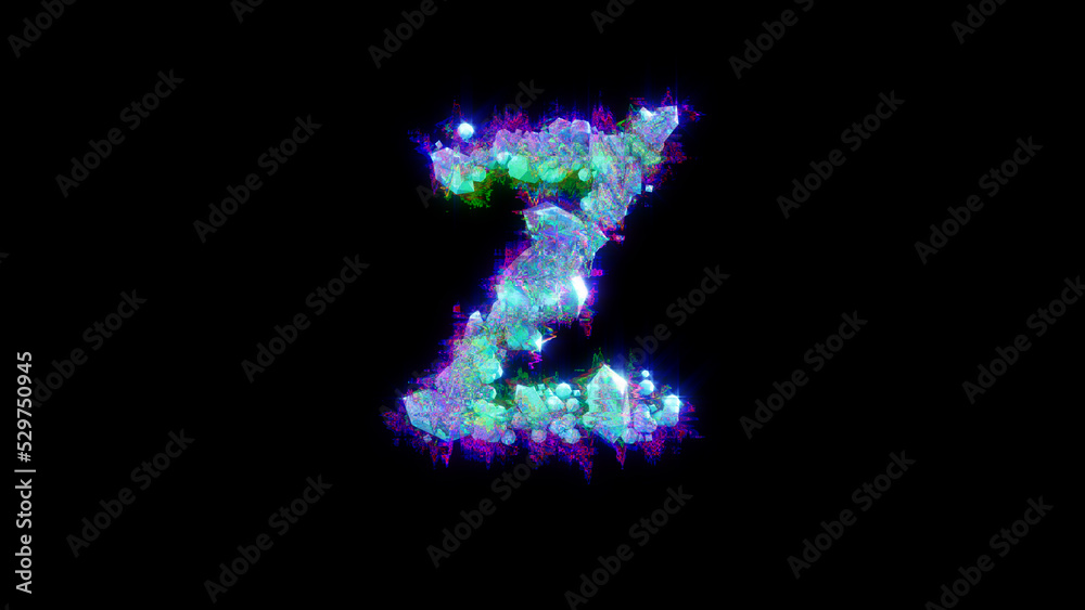 abstract glitch font - blue letter Z on black backdrop, isolated - object 3D rendering