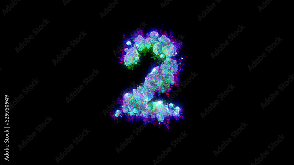 abstract distorted font - blue number 2 on black background, isolated - object 3D illustration