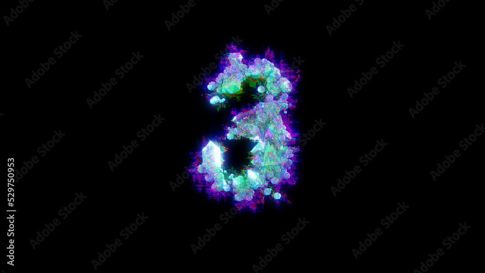 abstract glitchy font - blue number 3 on black backdrop, isolated - object 3D illustration