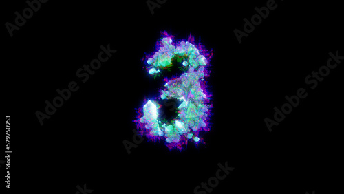 abstract glitchy font - blue number 3 on black backdrop  isolated - object 3D illustration