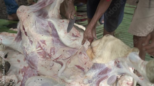 people cut meat qurban in Eid Al Adha photo