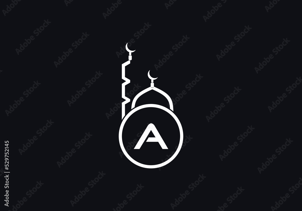 Islamic religious mosque and minar logo and symbol design vector with the letter A Islamic religious mosque and minar logo and symbol design vector with the letter A