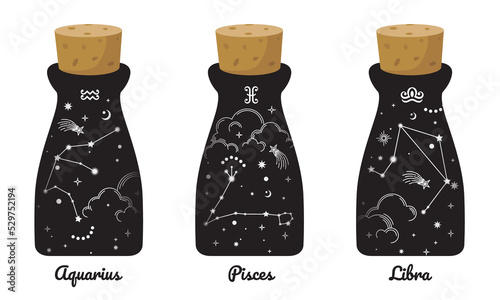Aquarius Pisces and Libra gradient zodiac symbols in black bottles surround clouds, stars, esoteric, and boho styles. Fit for paranormal, tarot readers, and astrologers
