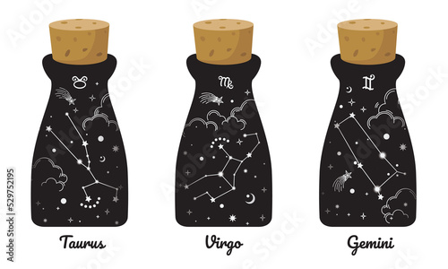 Taurus, Virgo, and Gemini zodiac symbols in black bottles surround clouds, stars, esoteric, and boho styles. Fit for paranormal, tarot readers, and astrologers