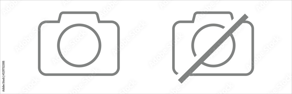 Photography camera, and no camera, line art icon for apps and websites. Vector illustration. Symbol. Photography camera, and no camera, line art icon for apps and websites. Vector illustration. Symbol.