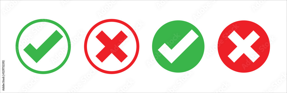 Check mark and X mark icon. Checkmark and x mark icon for apps and websites. Green and red check mark icon on white background. Vector illustration Check mark and X mark icon. Checkmark and x mark icon for apps and websites. Green and red check mark icon on white background. Vector illustration