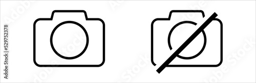 Photography camera, and no camera, line art icon for apps and websites. Vector illustration. Symbol.