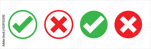 Check mark and X mark icon. Checkmark and x mark icon for apps and websites. Green and red check mark icon on white background. Vector illustration