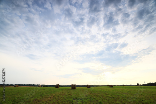 cloudscape field hay rolls sky clouds autumn, gloomy weather agriculture