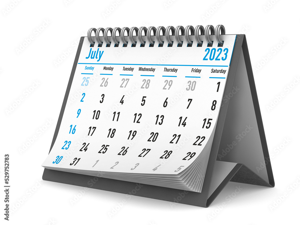 2023 year. Calendar for July. Isolated 3D illustration - obrazy, fototapety, plakaty 