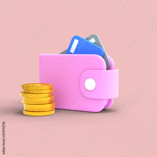 3D Rendering wallet , coin, Credit Card. online payment and payment concept. 3d holding wallet render for investment, bank, finance, investment, money wallet.