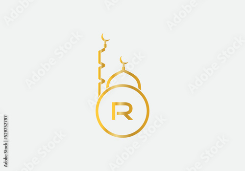 Islamic religious mosque and minar logo and symbol design vector with the letter R