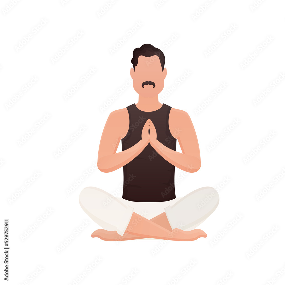 The guy sits in the lotus position and meditates. Cartoon style. The guy sits in the lotus position and meditates. Cartoon style.