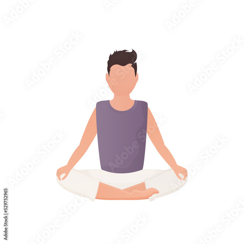 The man sits in the lotus position.   Cartoon style. © Javvani