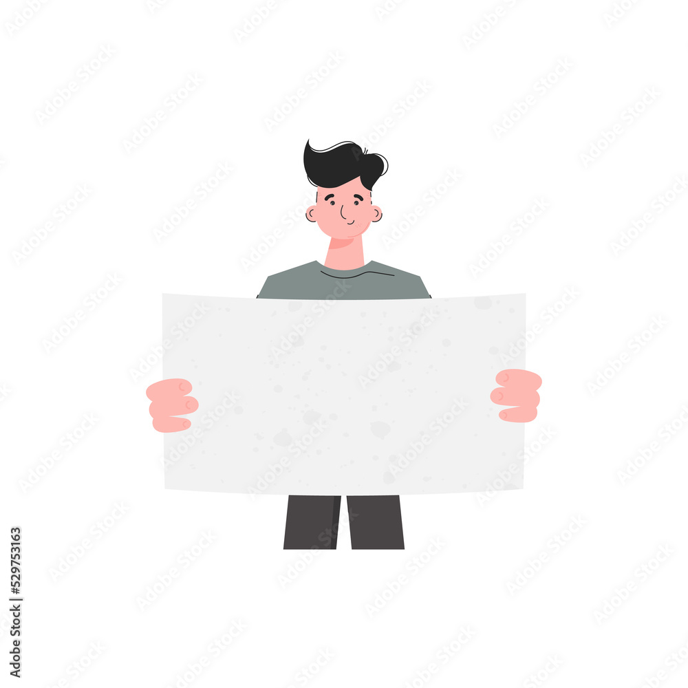 A man stands waist-deep and holds a blank sheet in his hands. Flat style. Element for presentations, sites. A man stands waist-deep and holds a blank sheet in his hands. Flat style. Element for presentations, sites.