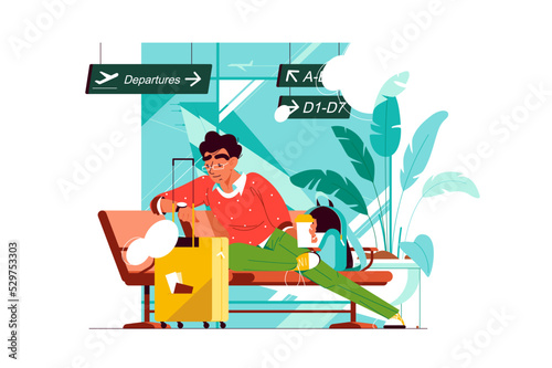 Guy with coffee look on watch and wait for flight