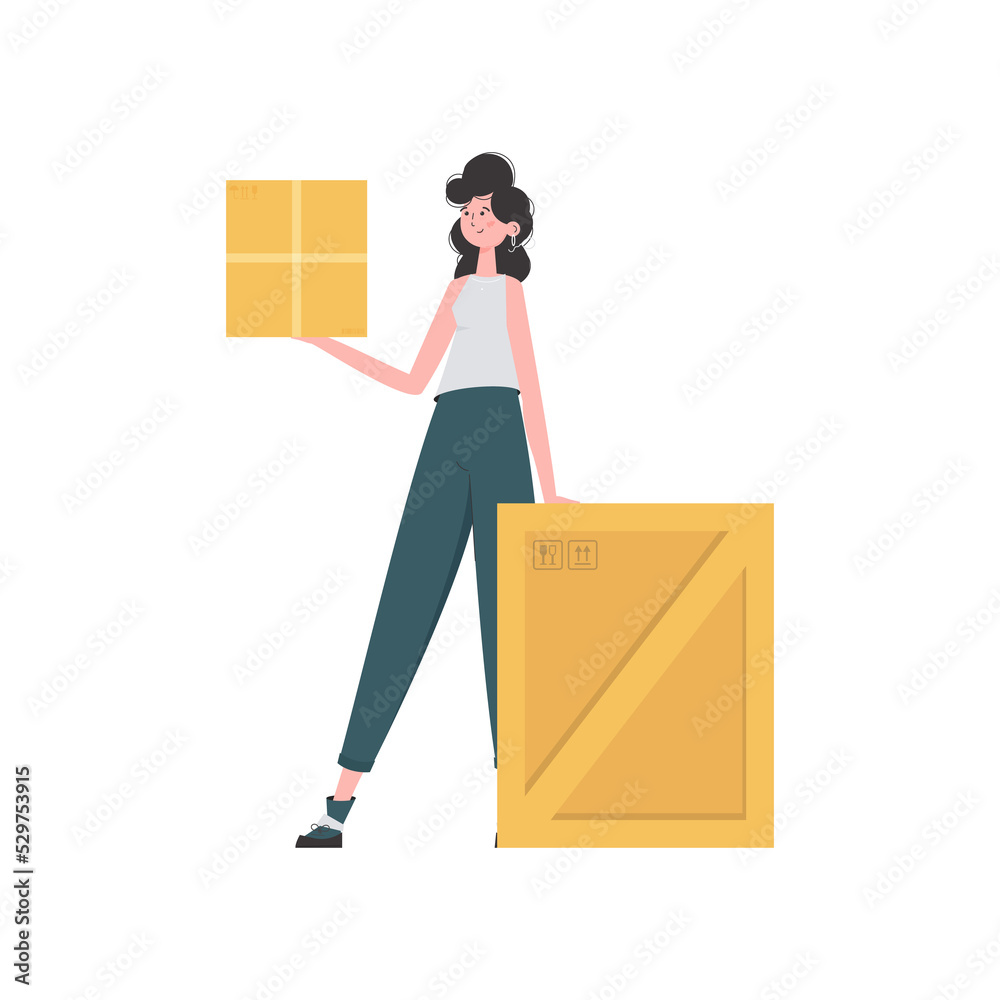A woman stands and holds a parcel. Delivery concept.