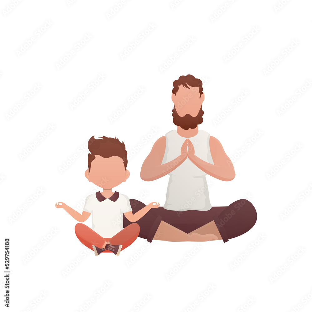 A robust man and a small boy sit meditating in the lotus position.   Cartoon style.