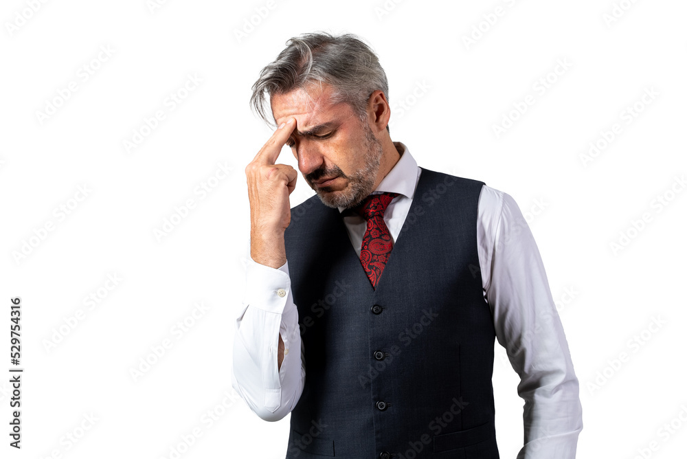 Portrait of senior Businessman standing in a suit without jacket, in waistcoat suit headache hands on forehead, stressed from work. isolated on white background. Portrait of senior Businessman standing in a suit without jacket, in waistcoat suit headache hands on forehead, stressed from work. isolated on white background.