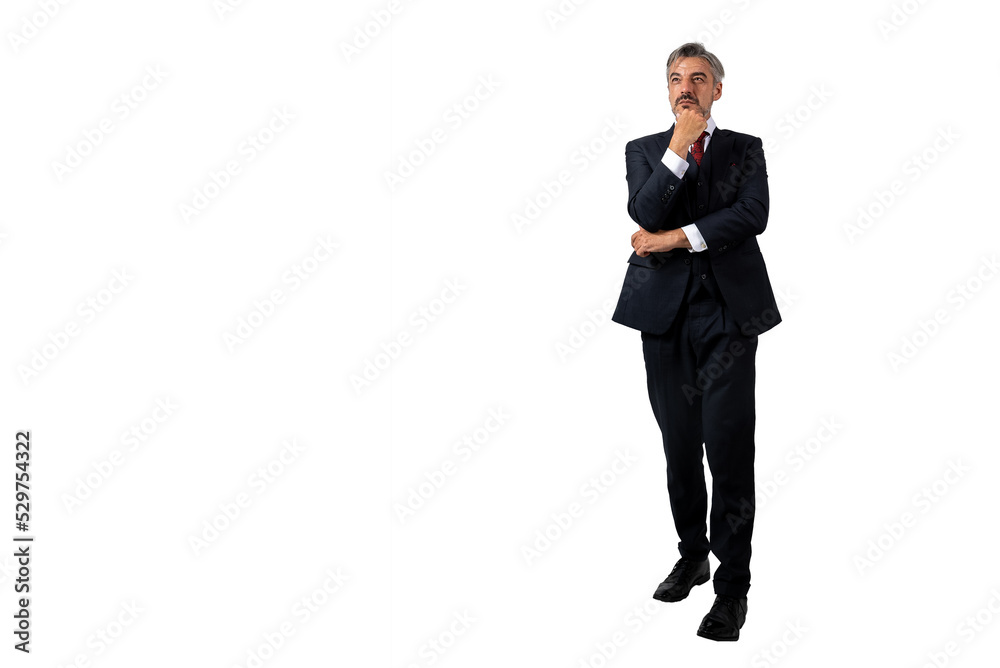 Full length portrait of senior Businessman standing in elegant blue suit thinking look copy space hold hand on chin. isolated on white background with copy space. Full length portrait of senior Businessman standing in elegant blue suit thinking look copy space hold hand on chin. isolated on white background with copy space.