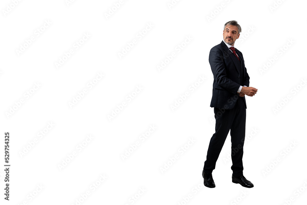 Full length portrait of senior Businessman standing in elegant blue suit adjusting shirt sleeve. isolated on white background with copy space. Full length portrait of senior Businessman standing in elegant blue suit adjusting shirt sleeve. isolated on white background with copy space.