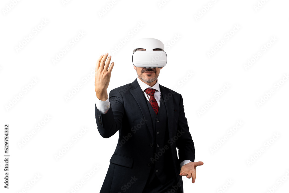 portrait of senior Businessman in elegant blue suit gesturing and using VR headset to training Kungfu martial arts. isolated on white background with copy space. portrait of senior Businessman in elegant blue suit gesturing and using VR headset to training Kungfu martial arts. isolated on white background with copy space.