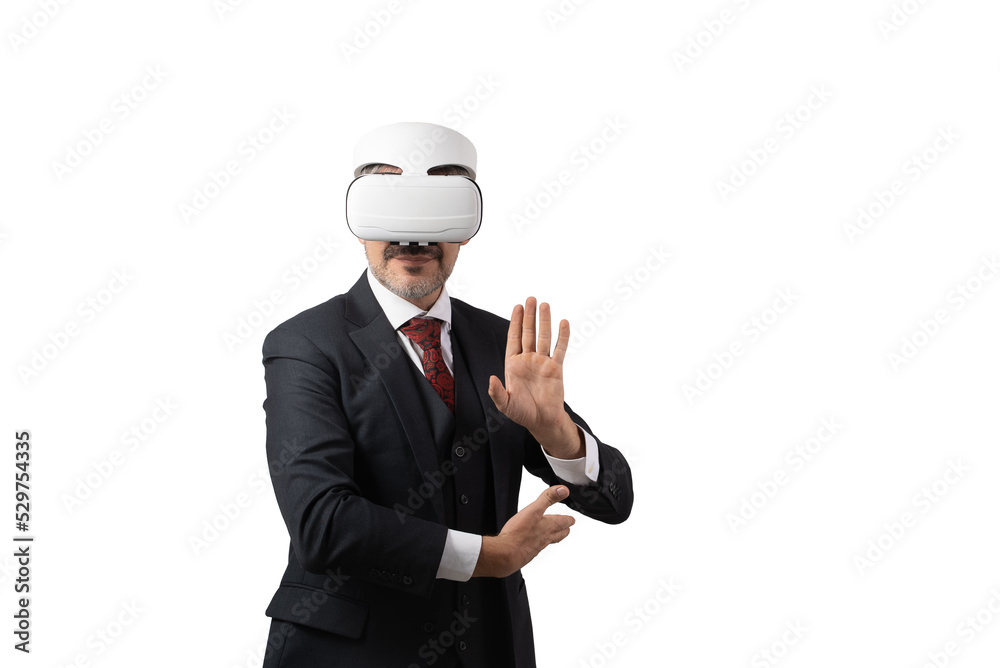portrait of senior Businessman in elegant blue suit gesturing and using VR headset to training Kungfu martial arts. isolated on white background with copy space. portrait of senior Businessman in elegant blue suit gesturing and using VR headset to training Kungfu martial arts. isolated on white background with copy space.