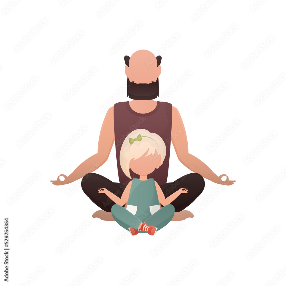 Dad and little daughter are sitting meditating in the lotus position. Cartoon style. Dad and little daughter are sitting meditating in the lotus position. Cartoon style.