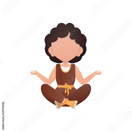 Little girl is meditating. Cartoon style.