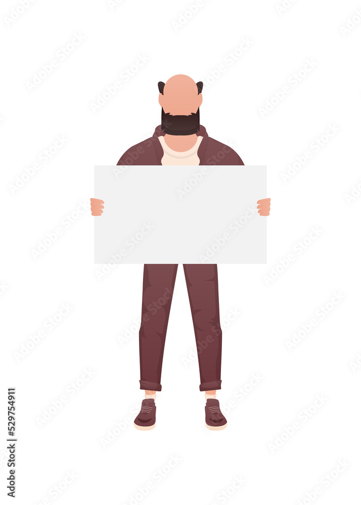 A guy of a strong physique in full growth and holds an empty banner in his hands.   Cartoon style.