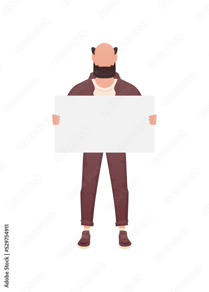 A guy of a strong physique in full growth and holds an empty banner in his hands. Cartoon style. A guy of a strong physique in full growth and holds an empty banner in his hands. Cartoon style.