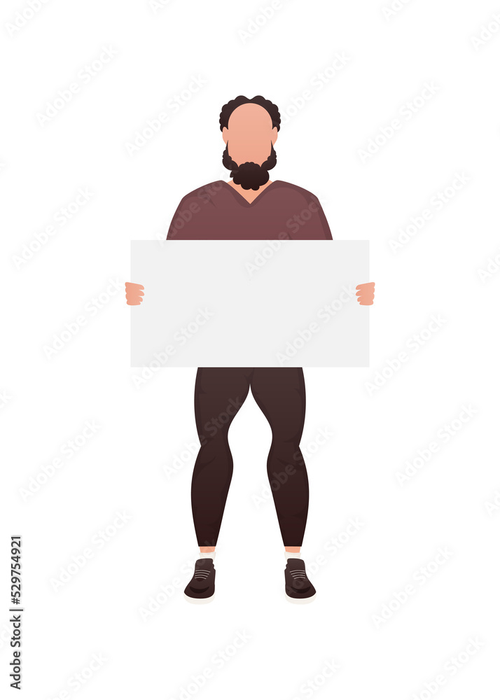 A guy with a strong physique holds an empty space for advertising in his hands.   Cartoon style.