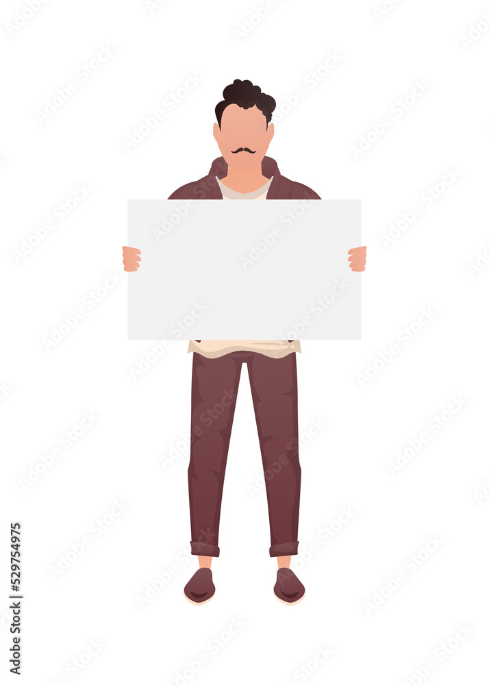A guy with a strong physique stands in full growth and holds an empty banner in his hands. Cartoon style. A guy with a strong physique stands in full growth and holds an empty banner in his hands. Cartoon style.