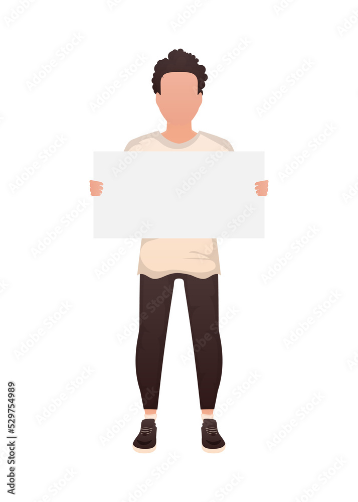 A man is in full growth and holds a blank sheet in his hands. Cartoon style. A man is in full growth and holds a blank sheet in his hands. Cartoon style.