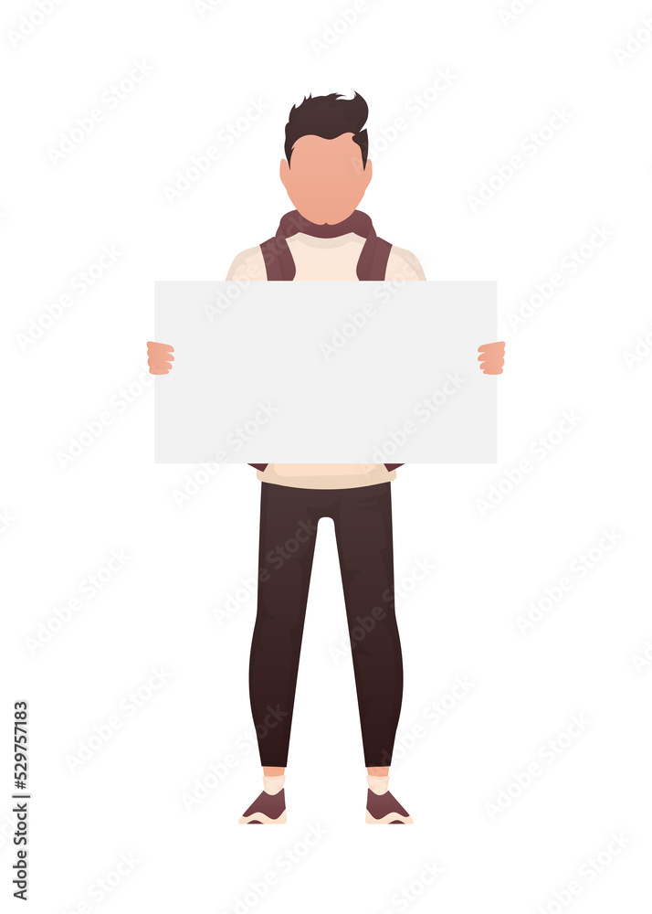 A man holds an empty space for advertising in his hands. Cartoon style. A man holds an empty space for advertising in his hands. Cartoon style.