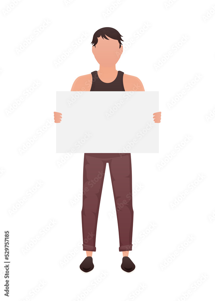 A man is in full growth and holds an empty tablet in his hands. Cartoon style. A man is in full growth and holds an empty tablet in his hands. Cartoon style.