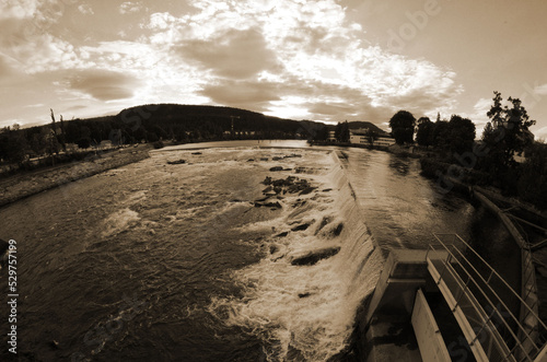 River dam for flow regulation.Kongsberg,Norway photo